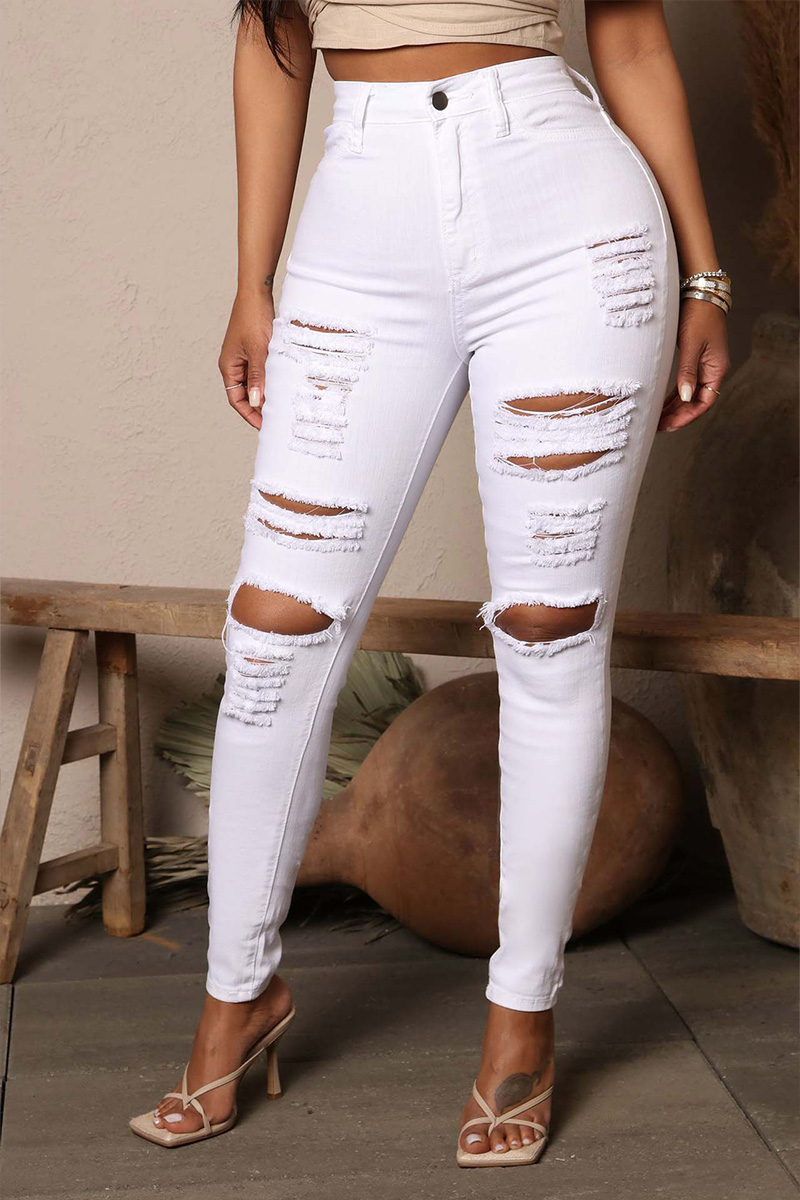 High Street Ripped Knee Stretch Skinny Jeans For Women