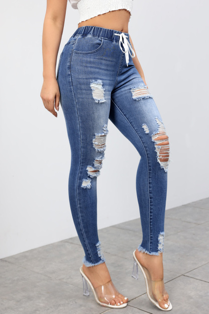 Women‘s Drawstring Waist Slim Fit Destroyed Jeans