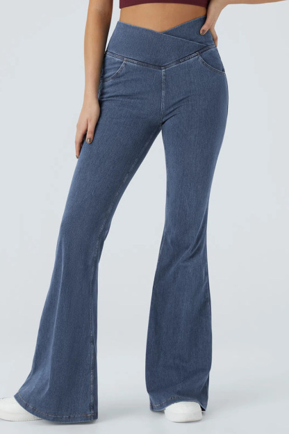 Women's High Waist Cross Over Flared Jeans With Elegant Draping