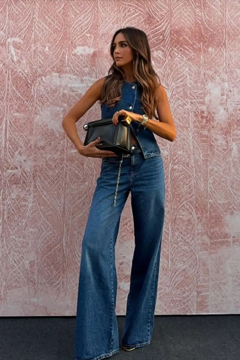 Vintage Inspired Sleeveless Denim Vest + Slimming Jeans  Set
