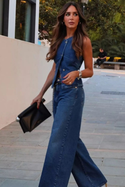 Vintage Inspired Sleeveless Denim Vest + Slimming Jeans  Set