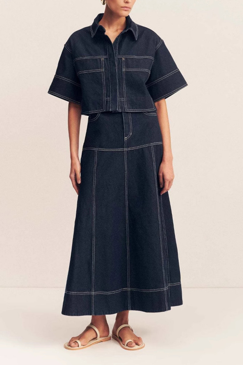 Womens Pocket Short Sleeve Shirt And Slit Skirt Denim Two Piece Set