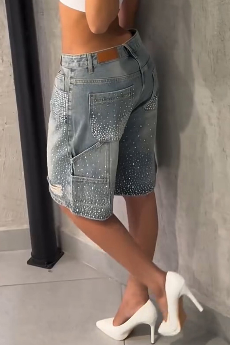 Ladies Rhinestone Embellished Denim Shorts Full Coverage