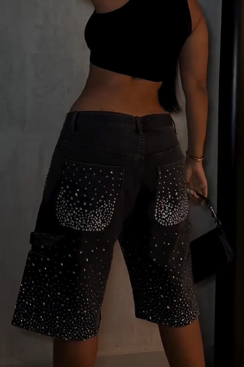 Ladies Rhinestone Embellished Denim Shorts Full Coverage