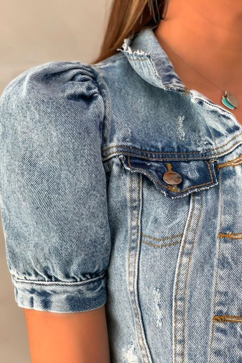Ladies' Vintage Ripped Denim Jacket With Bubble Sleeves