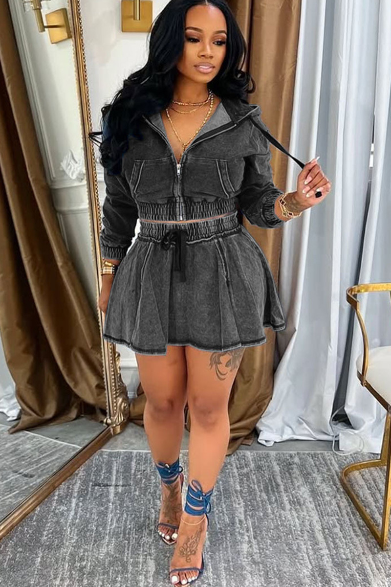 Women's Faded Blue Denim Two Piece Outfit Sets