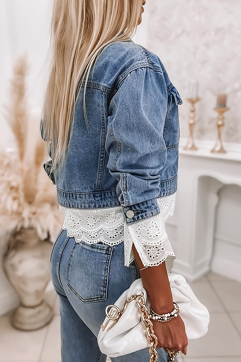 Ladies Multilayer Lace Trim Long Sleeve Denim Jacket