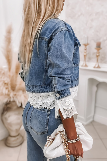 Ladies Multilayer Lace Trim Long Sleeve Denim Jacket