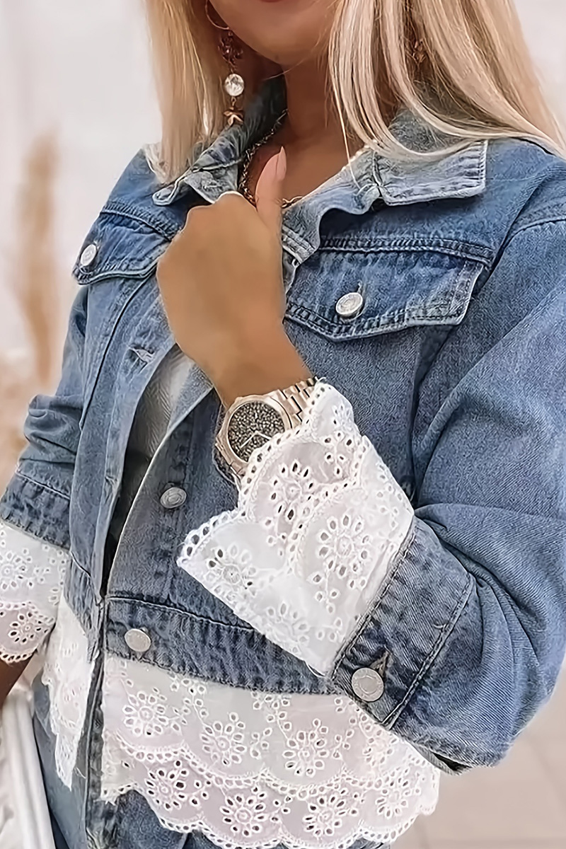 Ladies Multilayer Lace Trim Long Sleeve Denim Jacket