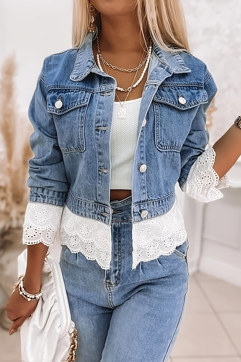 Ladies Multilayer Lace Trim Long Sleeve Denim Jacket