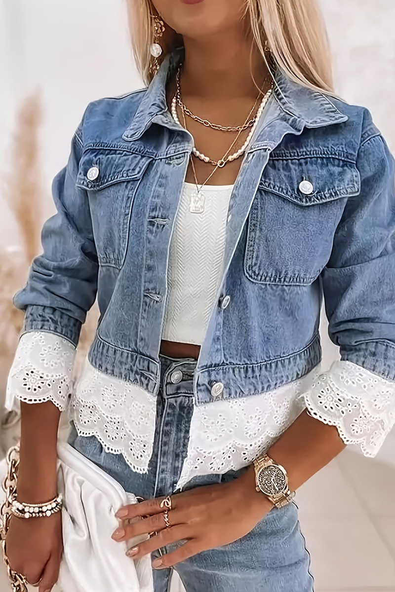 Ladies Multilayer Lace Trim Long Sleeve Denim Jacket