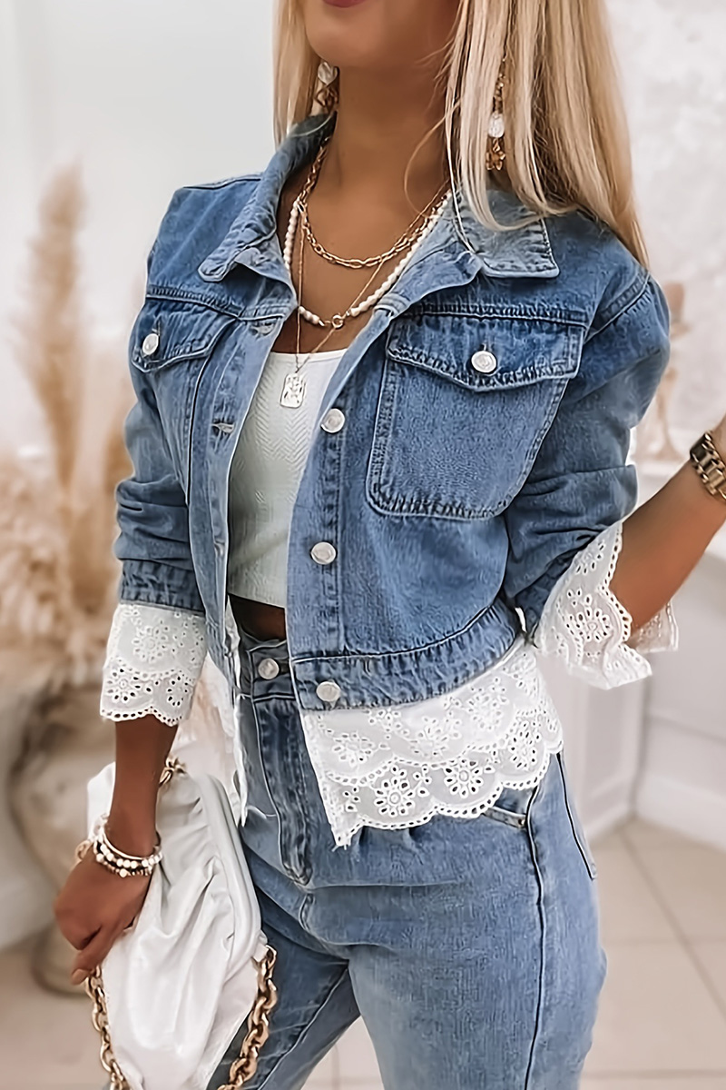 Ladies Multilayer Lace Trim Long Sleeve Denim Jacket