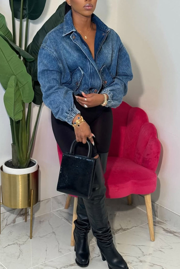 Women's Washed Denim Zip-Up Jacket With Drawstring