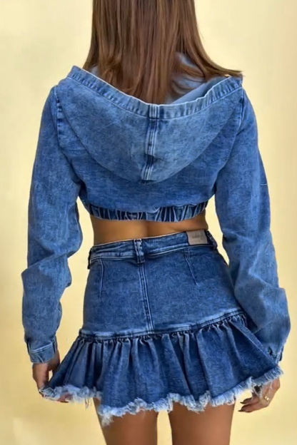 Women's Vintage Wash Hooded Jacket With Raw Hem Denim Skirt Sets