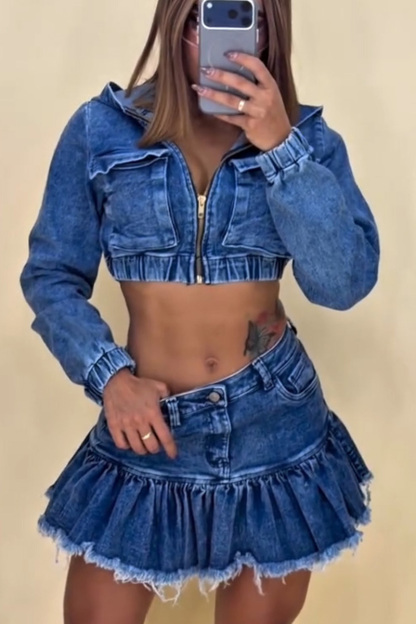 Women's Vintage Wash Hooded Jacket With Raw Hem Denim Skirt Sets