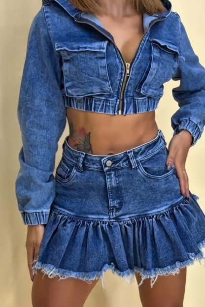 Women's Vintage Wash Hooded Jacket With Raw Hem Denim Skirt Sets