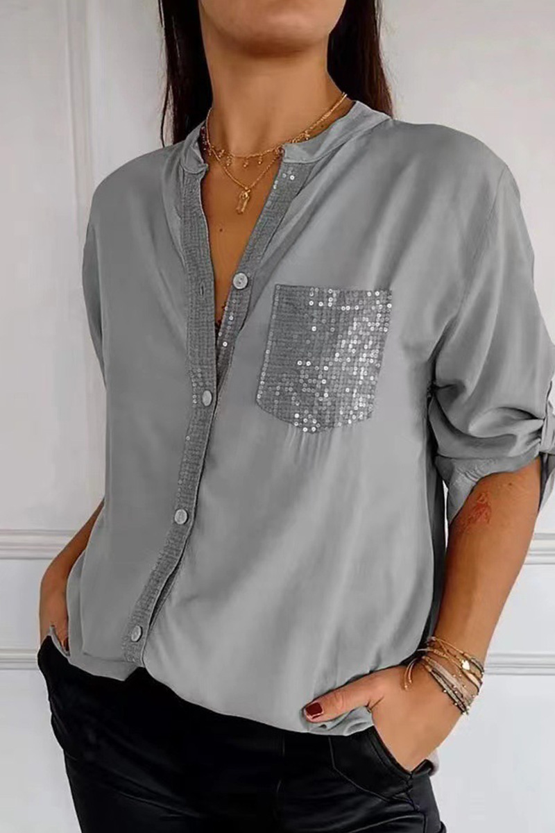 Women's Casual  Glitter Pocket Long Sleeve Button Down Shirt