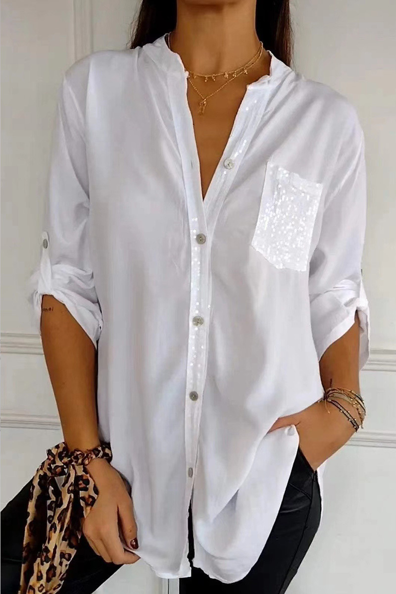 Women's Casual Glitter Pocket Long Sleeve Button Down Shirt