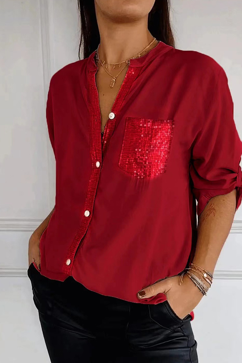 Women's Casual  Glitter Pocket Long Sleeve Button Down Shirt