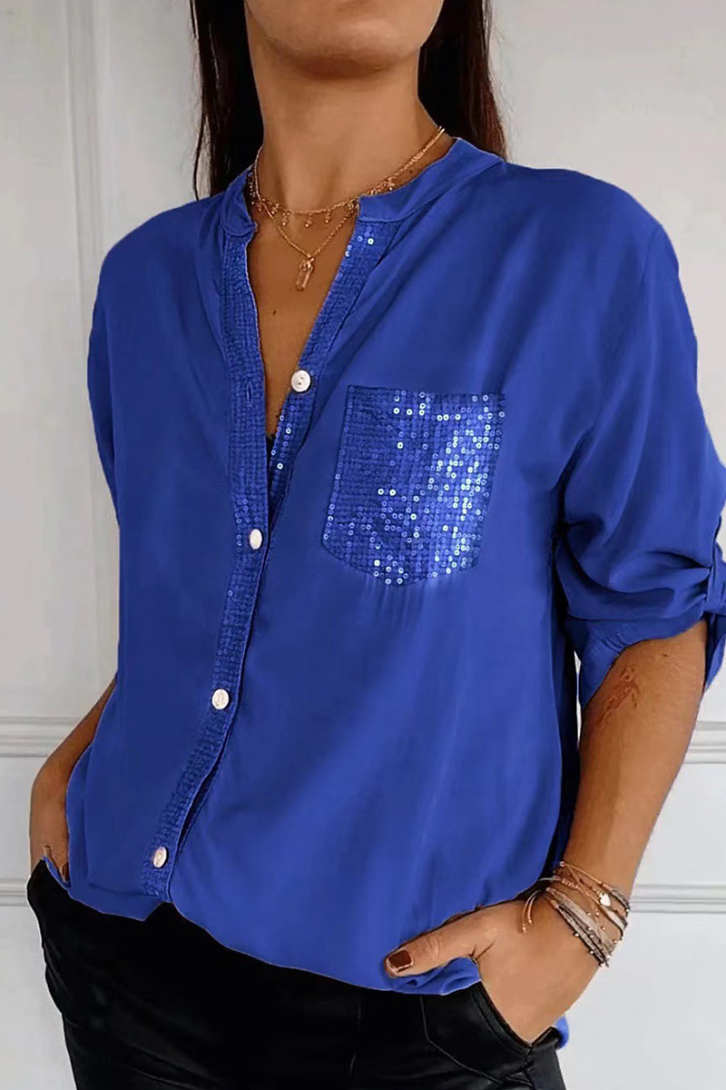 Women's Casual  Glitter Pocket Long Sleeve Button Down Shirt