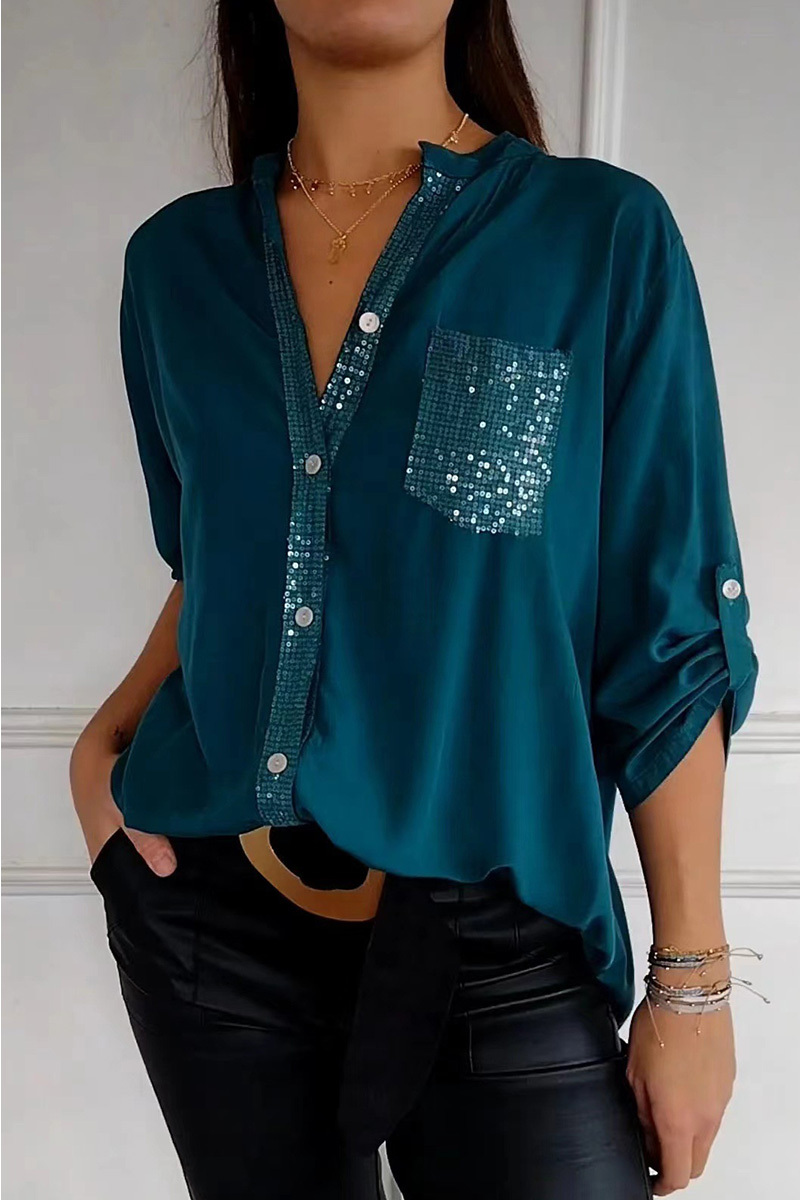 Women's Casual  Glitter Pocket Long Sleeve Button Down Shirt