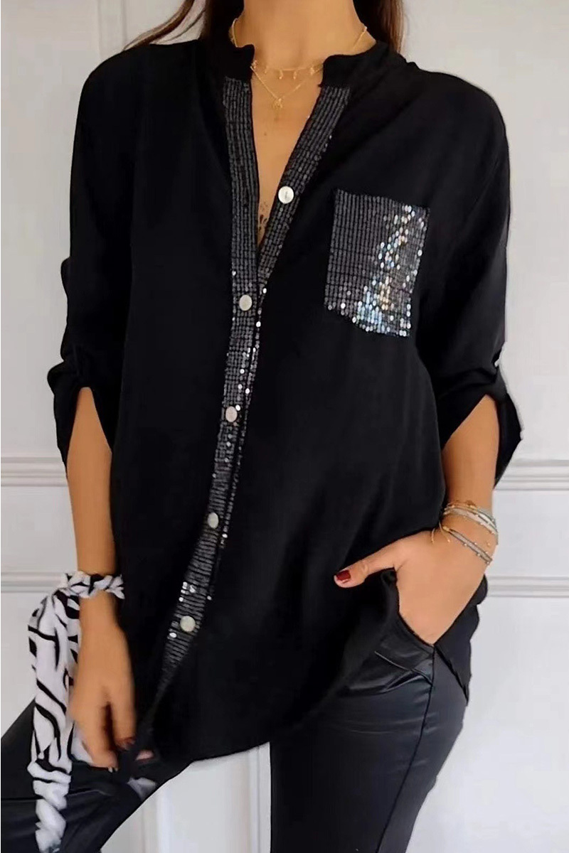 Women's Casual  Glitter Pocket Long Sleeve Button Down Shirt