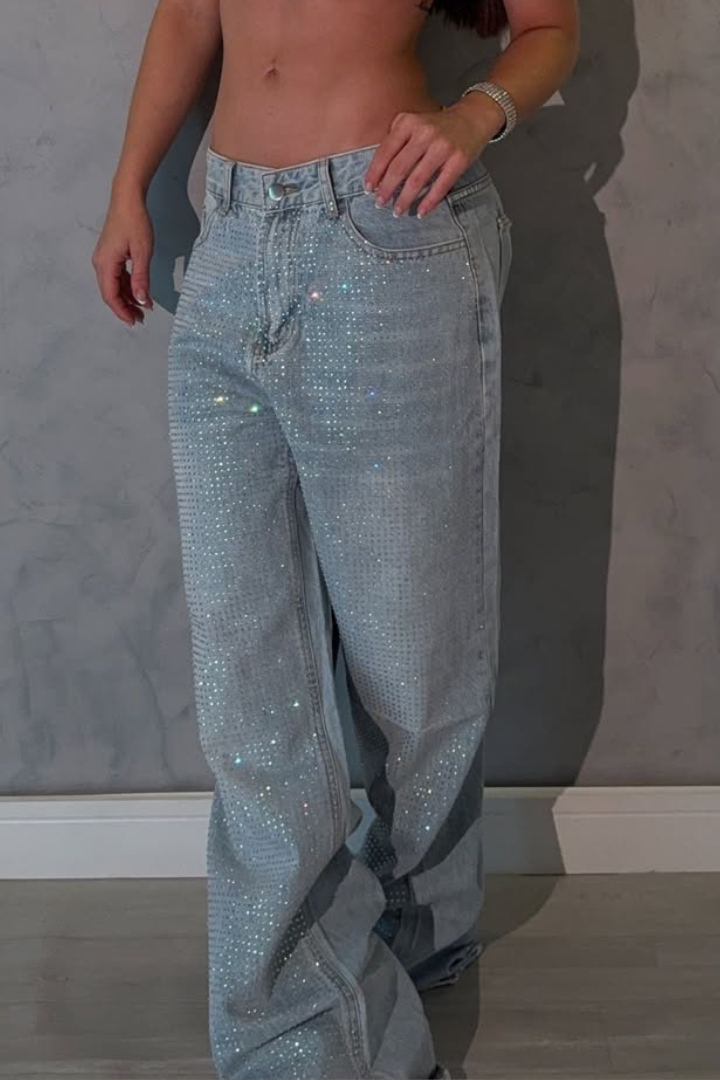 Women's Rhinestone Washed Casual Floor-Length Jeans