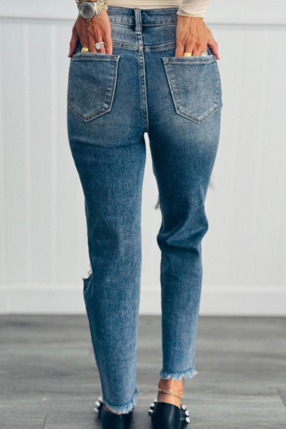 Women's Distressed Knee Rips High Waist Skinny Jeans
