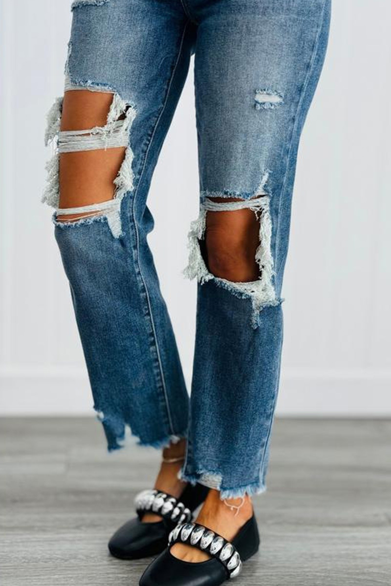 Women's Distressed Knee Rips High Waist Skinny Jeans