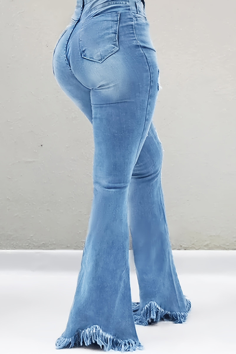 Women's Stylish Distressed Flared Jeans With Fringed Hem