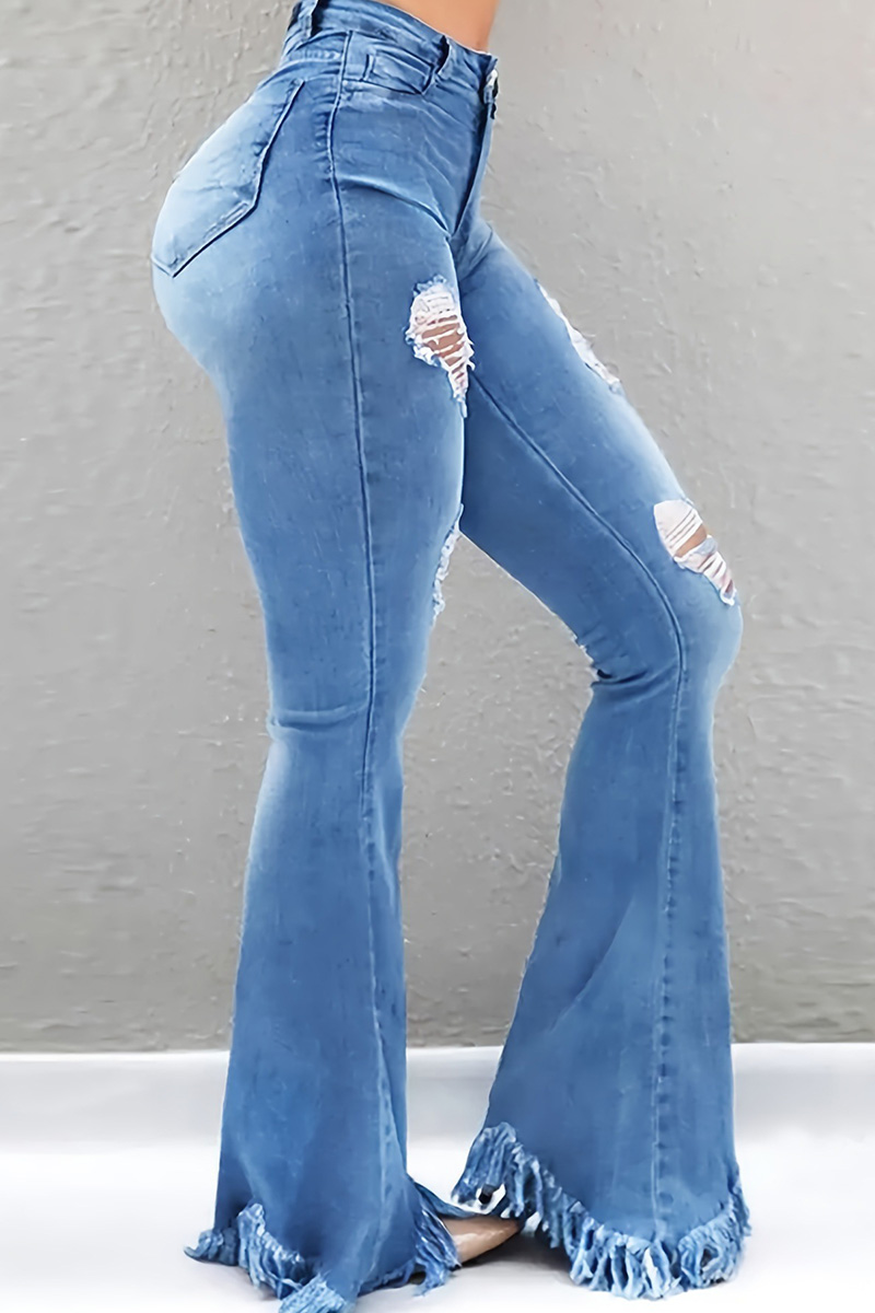 Women's Stylish Distressed Flared Jeans With Fringed Hem