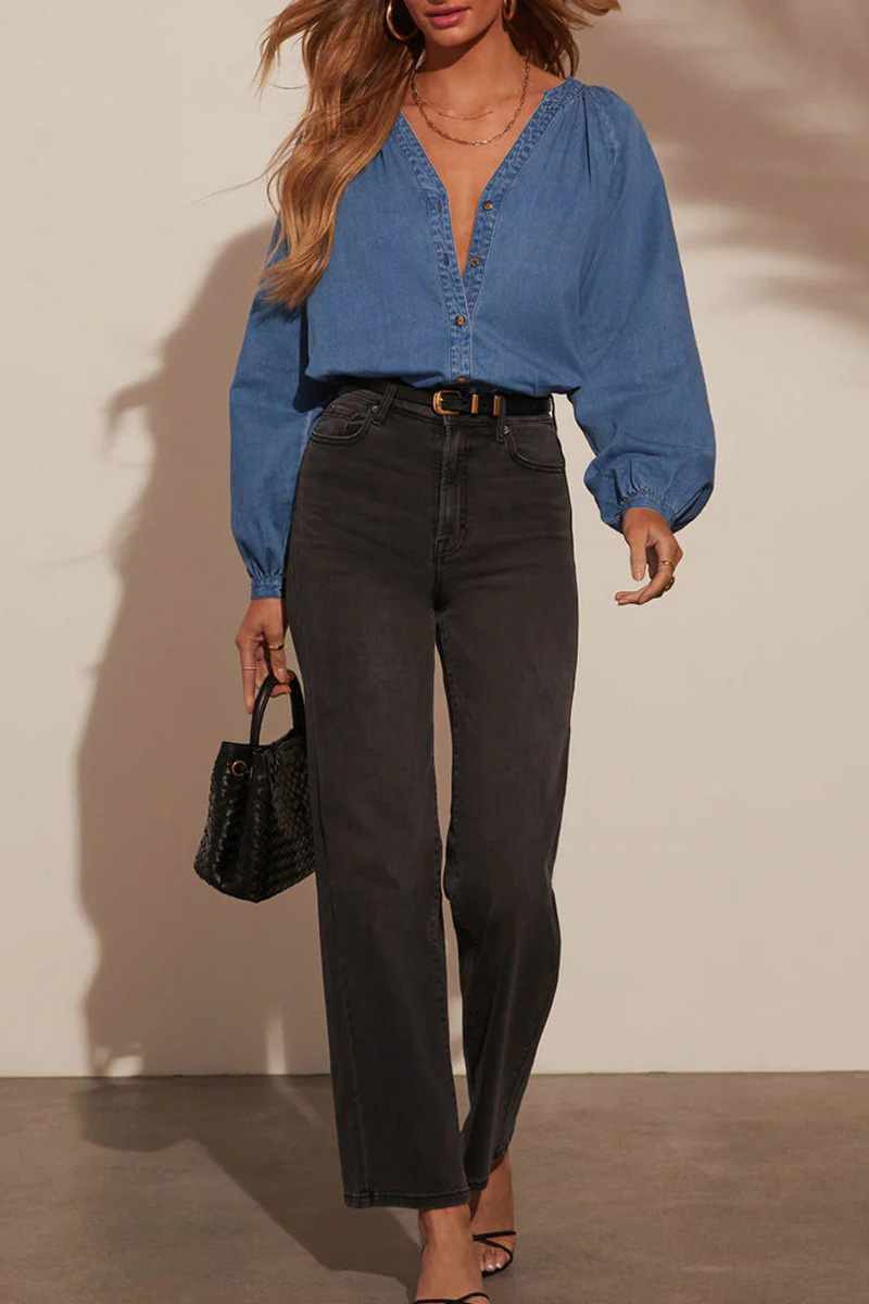 Relaxed Fit Denim V-Neck Top For Women