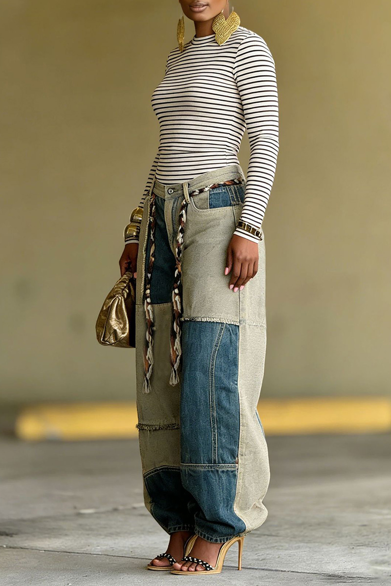 Women's Two-Tone Color Block Hem Raw Jeans