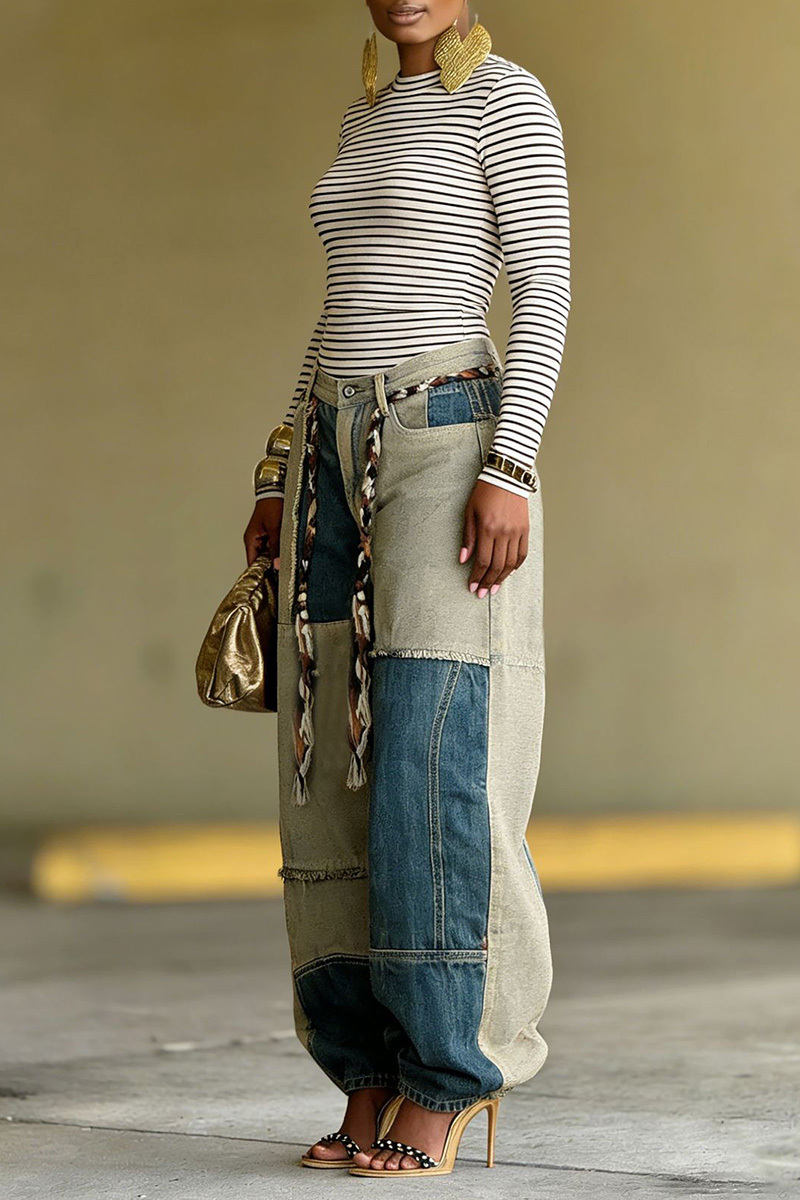 Women's Two-Tone Color Block Hem Raw Jeans