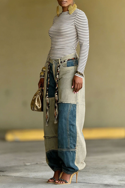 Women's Two-Tone Color Block Hem Raw Jeans