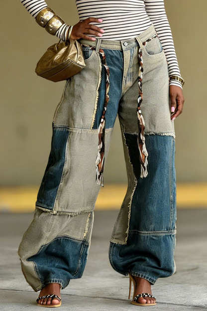 Women's Two-Tone Color Block Hem Raw Jeans