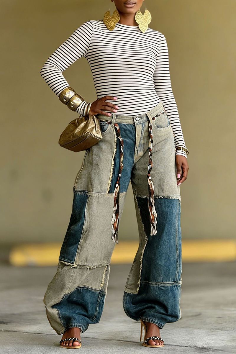 Women's Two-Tone Color Block Hem Raw Jeans