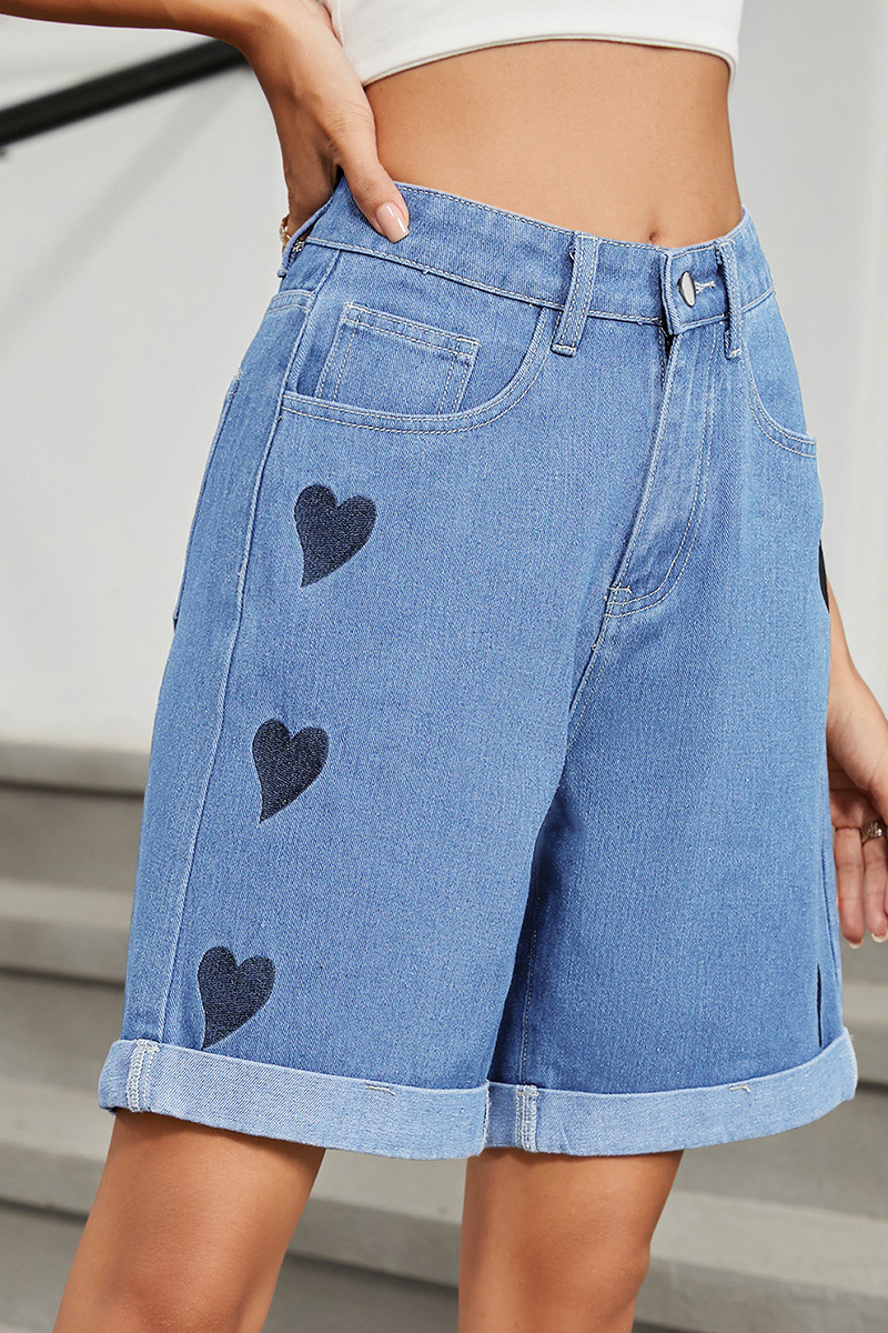 Women's Casual Side Heart Print Rolled-Hem Denim Shorts