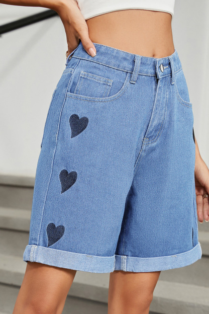 Women's Casual Side Heart Print Rolled-Hem Denim Shorts