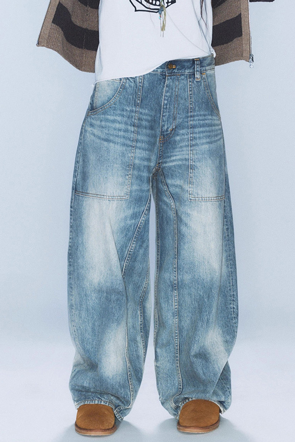 Women's Distressed Washed Baggy Jeans With Curved Hem