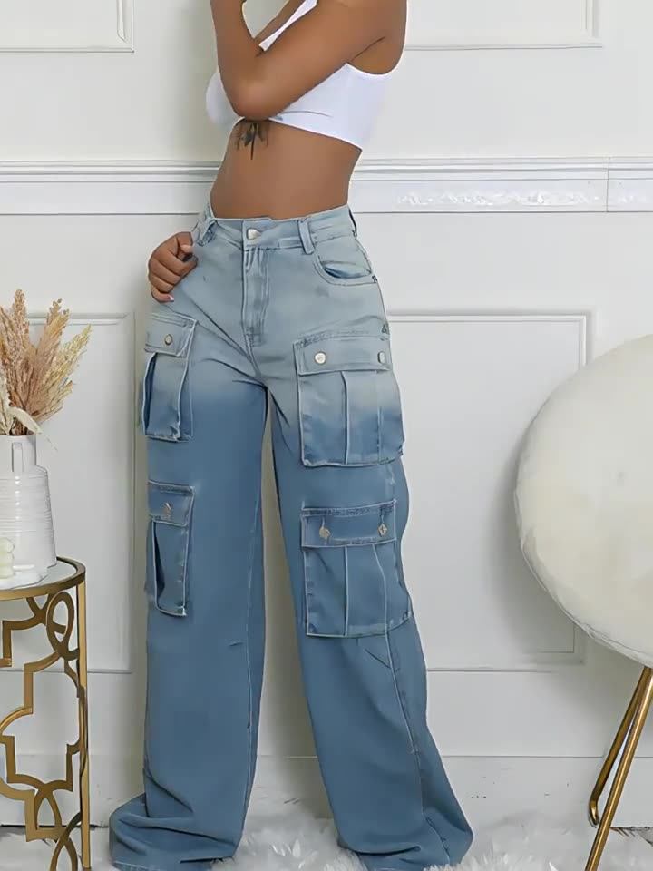 Women's Casual Multi Pocket Gradient Cargo Jeans