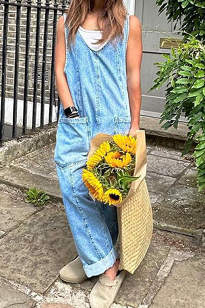 Women's V-Neck and Pockets Strap Denim Overalls