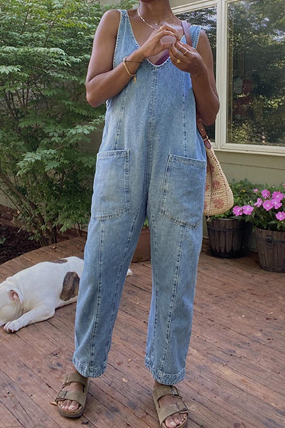 Women's V-Neck and Pockets Strap Denim Overalls