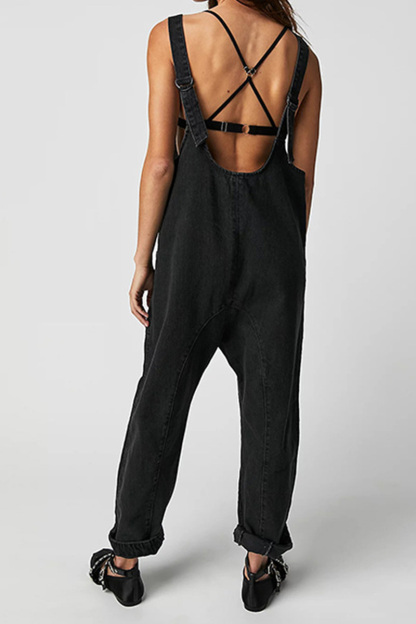 Women's V-Neck and Pockets Strap Denim Overalls