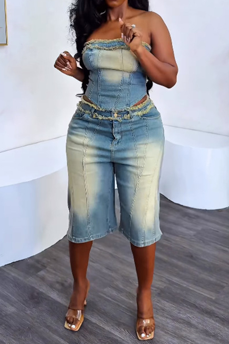 Distressed Trim Bustier Top + High Waist Denim Shorts Set