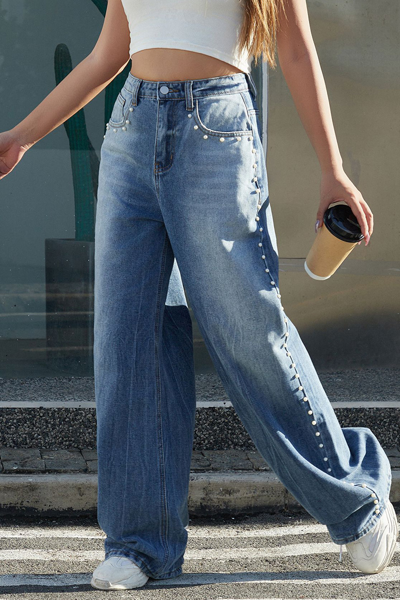 Ladies Heavyweight Side White Pearl Trim Tie-Dye Jeans