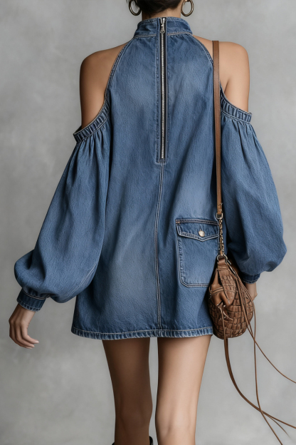Ladies' Fashionable Urban Solid Color Stand Up Collar Mini Denim Dress