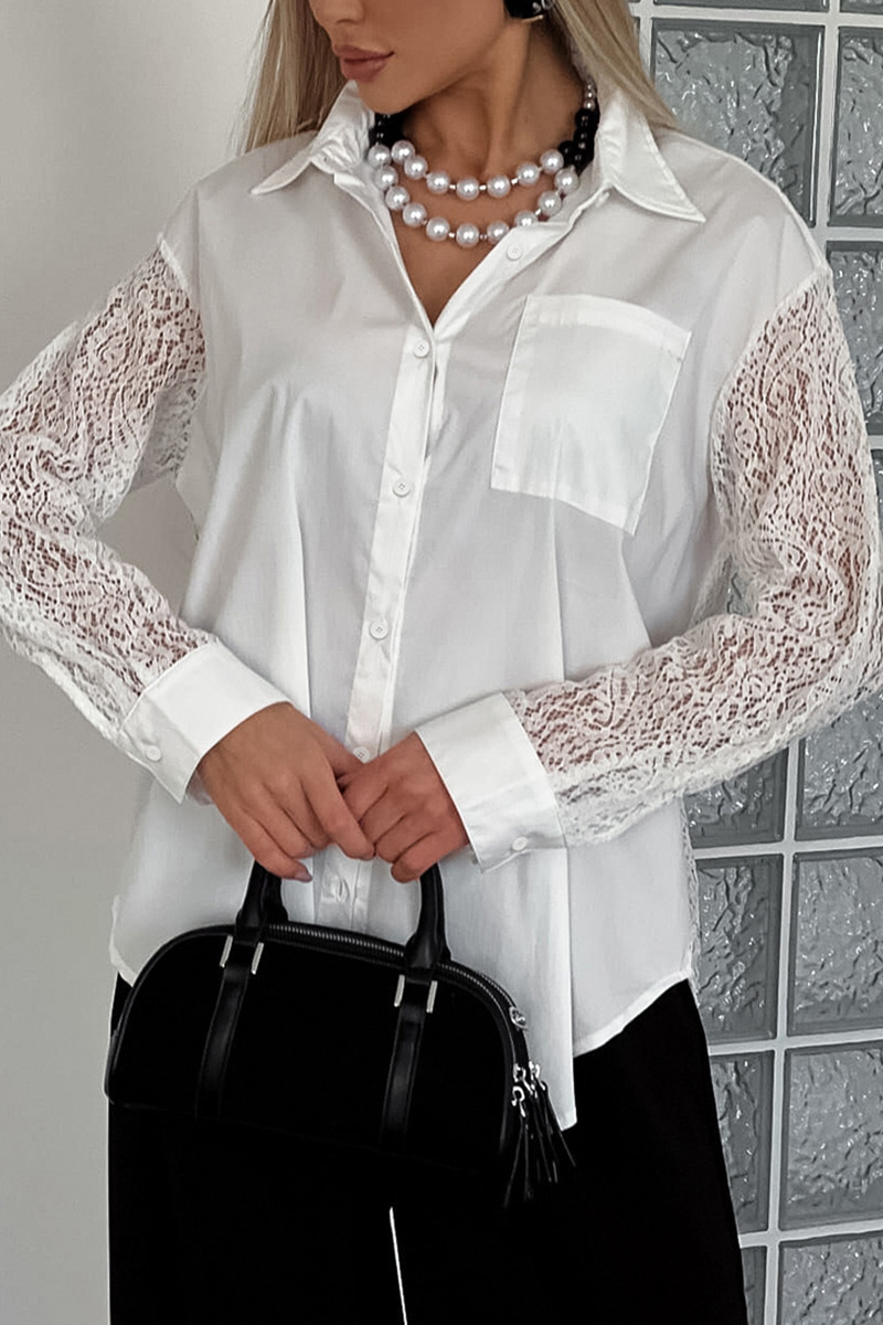 Ladies Elegant Contrast Lace Trim Blouse