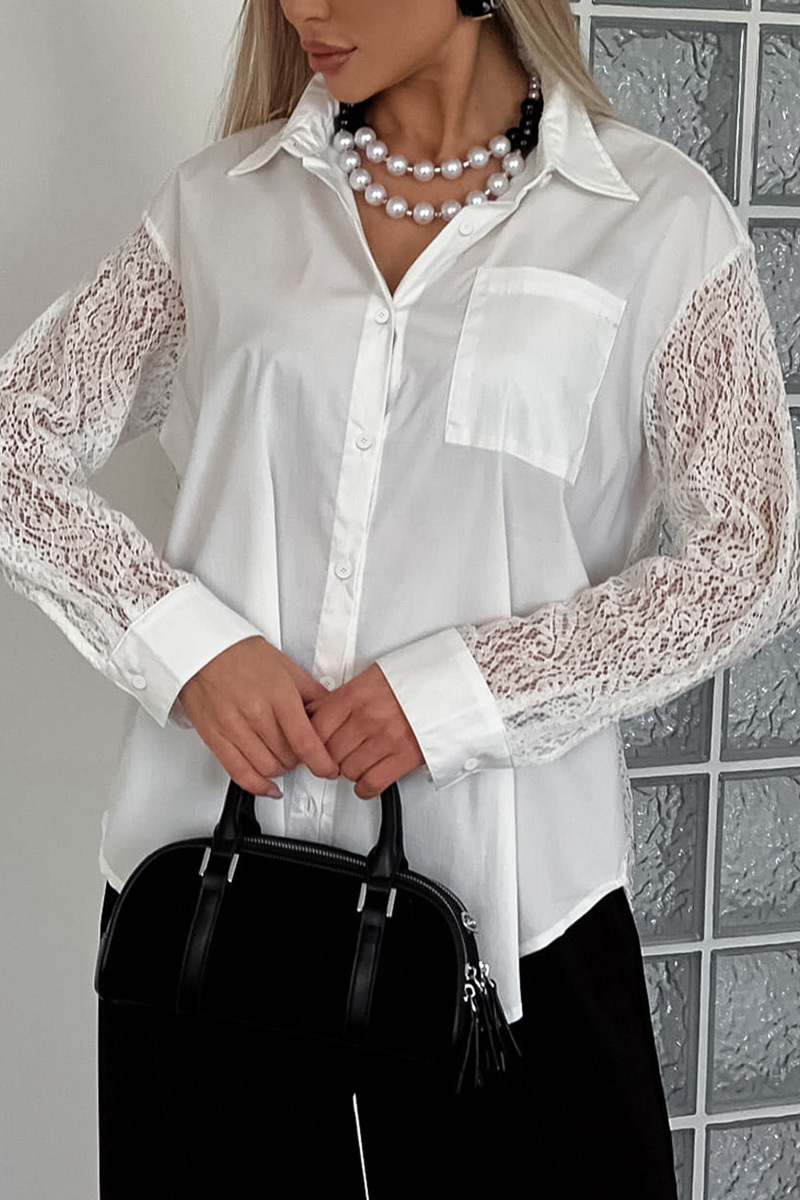 Ladies Elegant Contrast Lace Trim Blouse