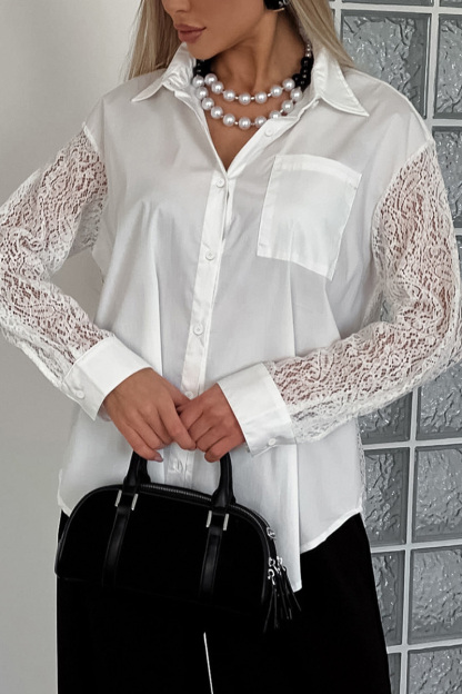 Ladies Elegant Contrast Lace Trim Blouse